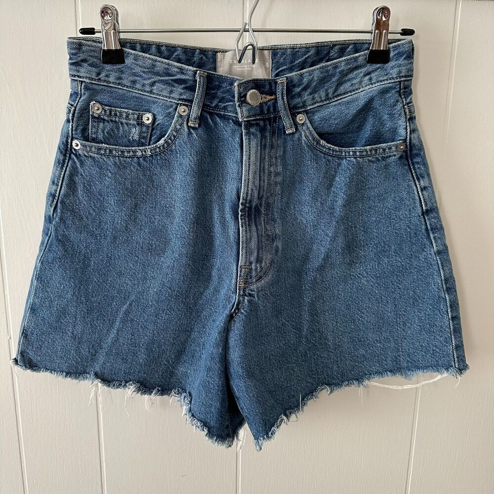 Everlane The A-Line Denim Shorts Size 25 High Rise 100% Organic Cotton Mid Wash
